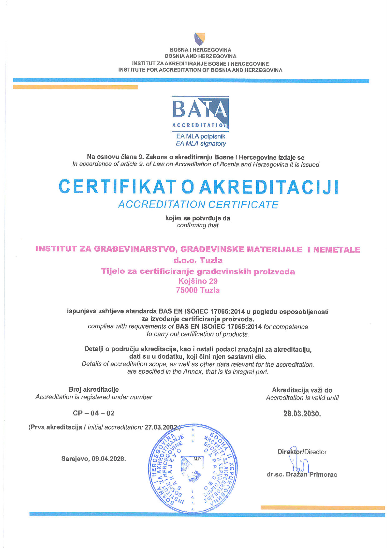 Certifikat o akreditaciji BAS EN ISO/IEC 17065:2014